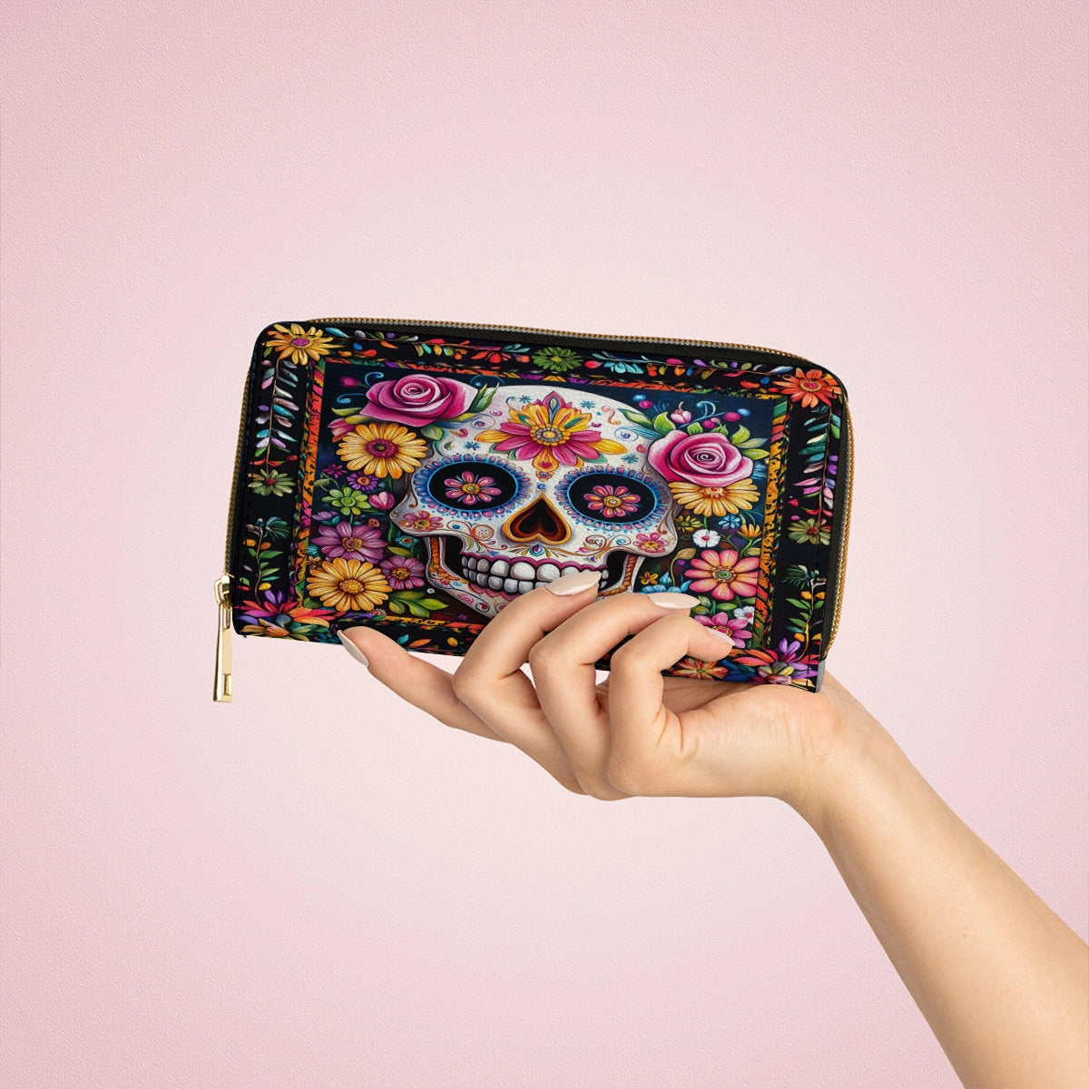 Shineful Leather Clutch Purse With Wristlet Strap Handle Calavera Floral Dreams