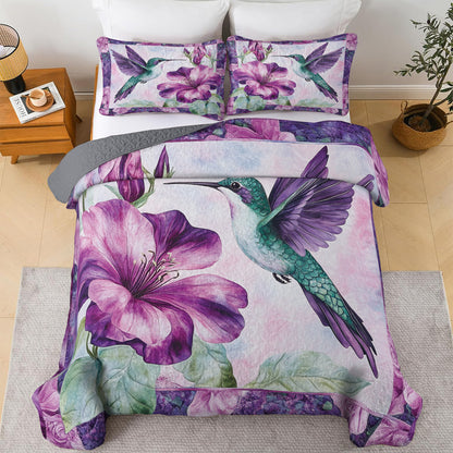 Shineful All Season Quilt 3-Piece Set Green Hummingbird & Purple Floral