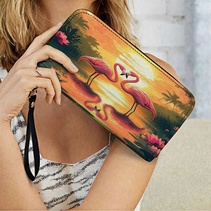 Shineful Leather Clutch Purse With Wristlet Strap Handle Flamingo Sunset Love