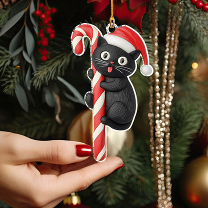 Glänzendes 2D-Ornament aus Acryl – schwarze Katze mit Zuckerstange