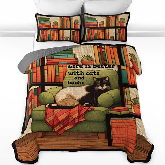 Shineful All Season Quilt 3-Piece Set Cats & Books