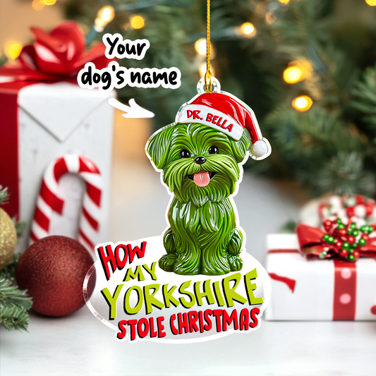 Shiny personalisiertes 2D-Acryl-Ornament „Wie mein Yorkie Weihnachten gestohlen hat“ 