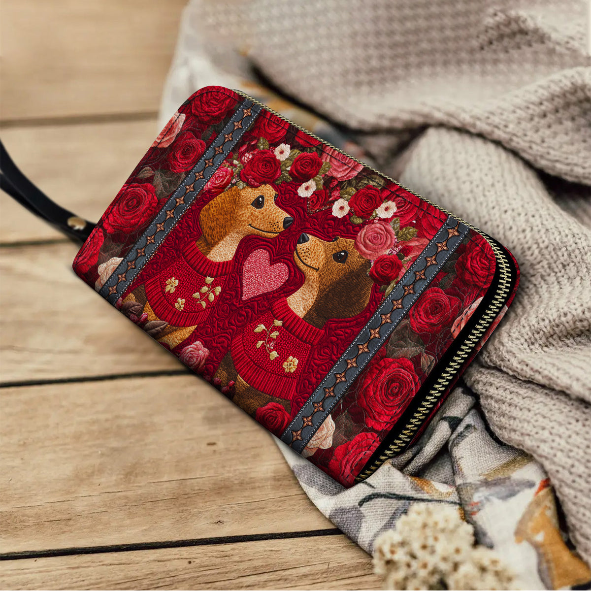 Shineful Leather Clutch Purse With Wristlet Strap Handle Heart Floral Dachshund Couple