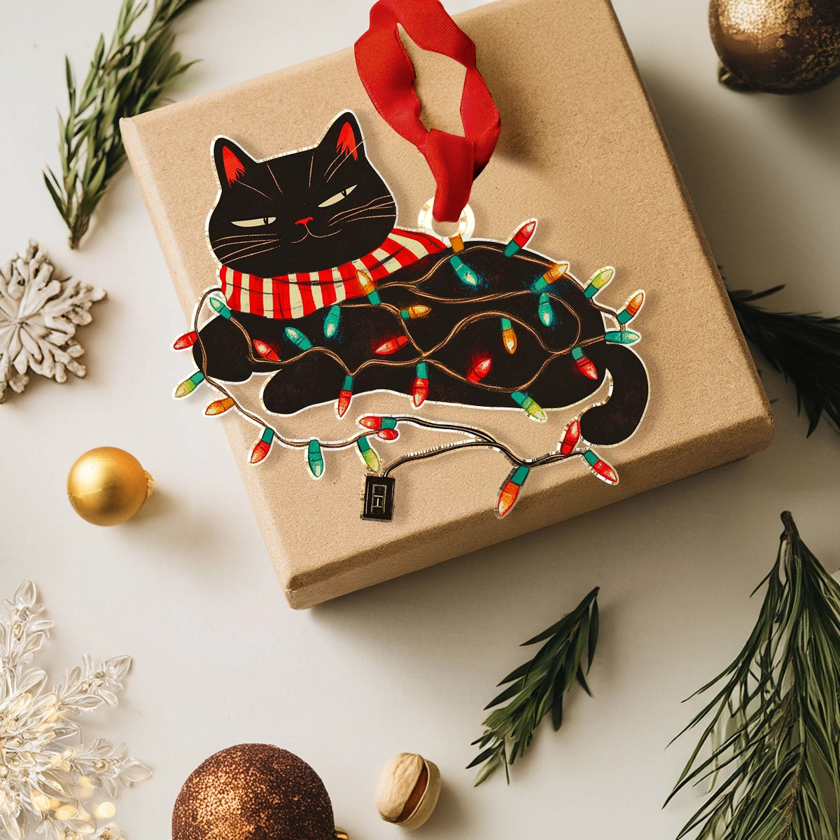 Shineful 2D Acrylic Ornament - Cat-tangled in Holiday Lights