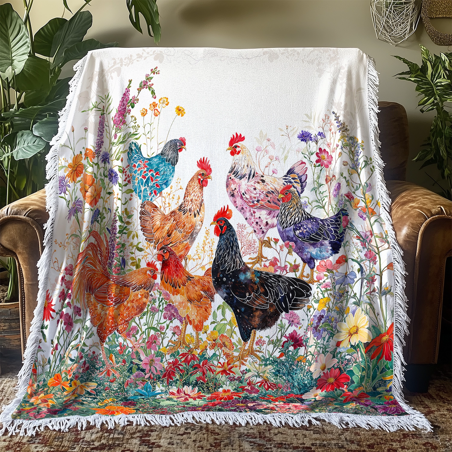 Shineful Woven Tapestry Throw Blanket - Rooster Garden Bliss