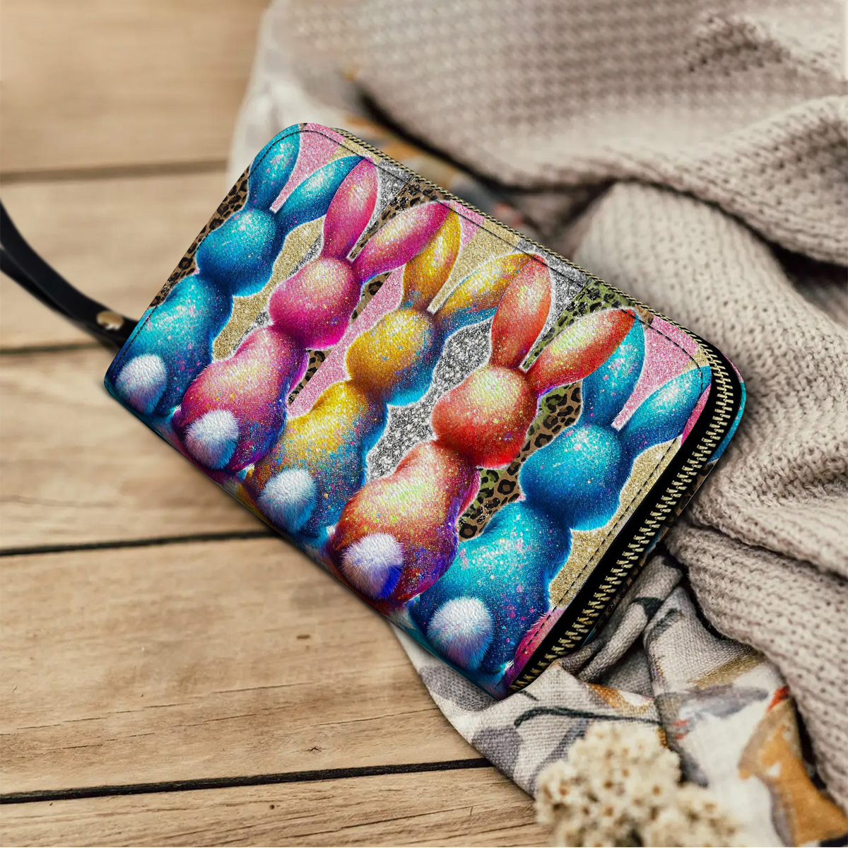 Shineful Leather Clutch Purse With Wristlet Strap Handle Glitter Bunnies