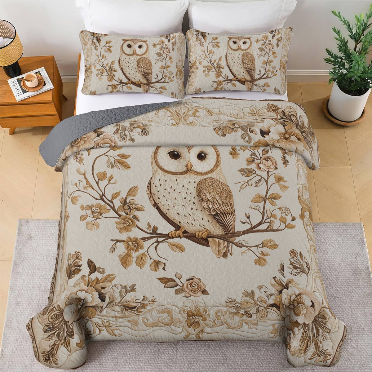 Shineful All Season Quilt 3-teiliges Set - Vintage Elegance Owl