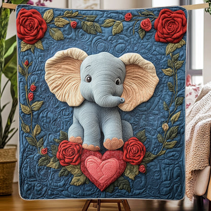 Shineful Flat Print Faux Quilt Blanket - Adorable Baby Elephant with Roses and Heartfelt Love