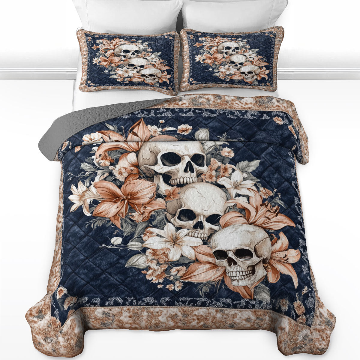 Shineful All Season Quilt 3-Piece Set Elegance Skull and Floral Garden