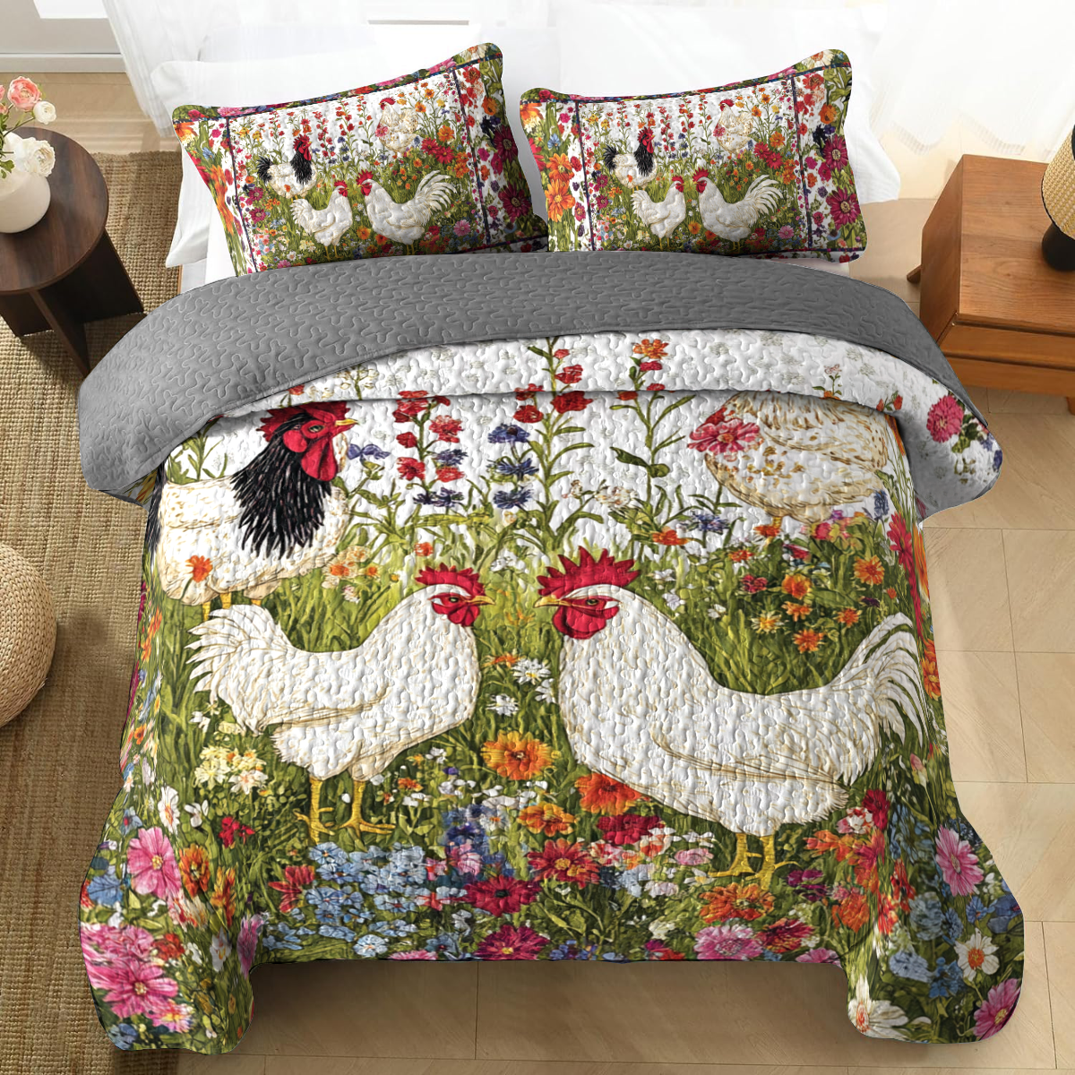 Shineful All Season Quilt 3-Piece Set - Flowering Chicken