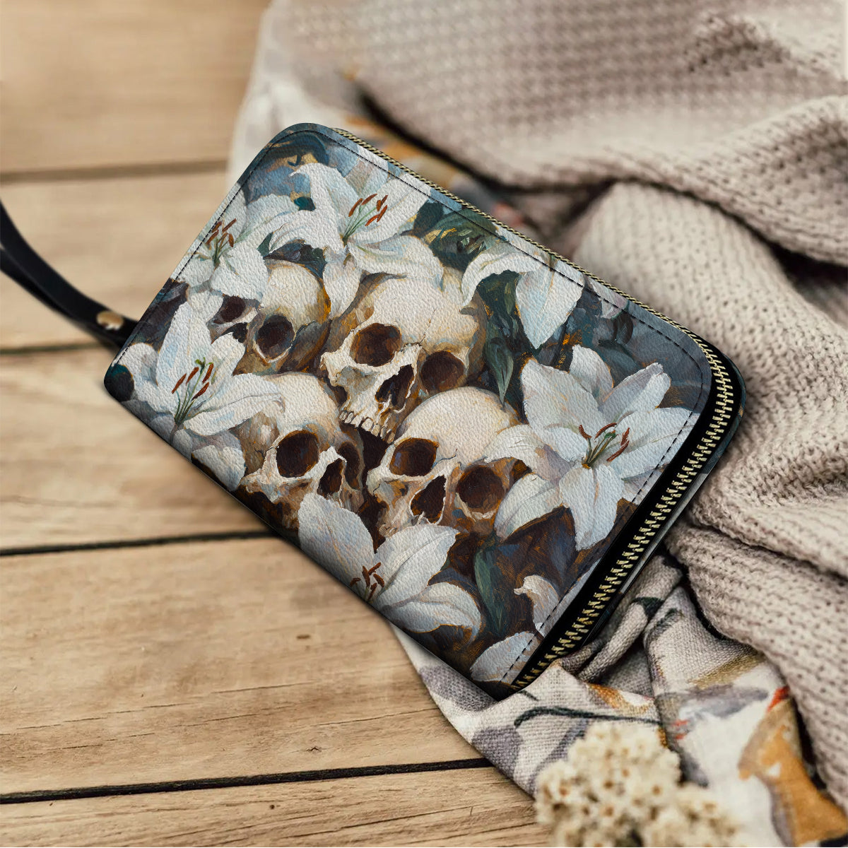 Shineful Leather Clutch Purse With Wristlet Strap Handle Mystic Skull & White Lilies