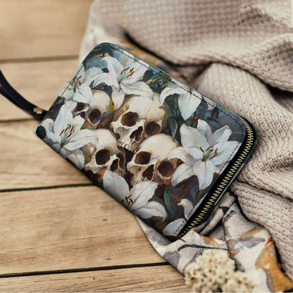 Shineful Leather Clutch Purse With Wristlet Strap Handle Mystic Skull & White Lilies