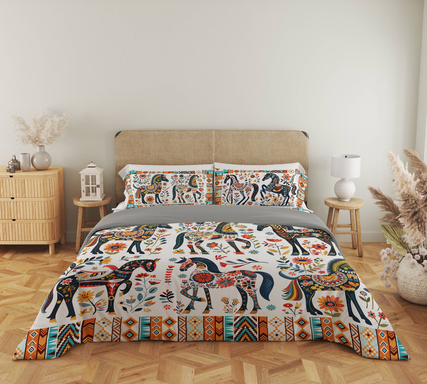 Shineful 3 Pieces Duvet Cover Set Horse Floral Pattern