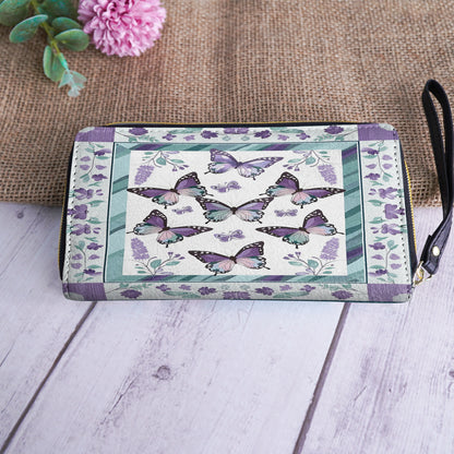 Glänzende Leder Clutch mit Trageriemen, Lila Schmetterling &amp; Blumen