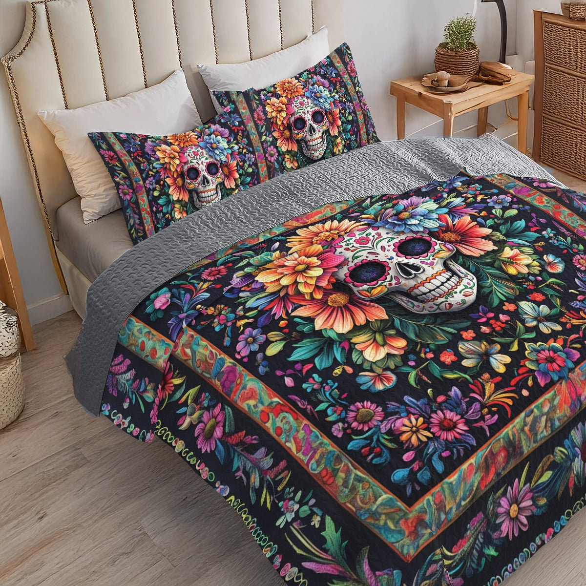 Shineful All Season Quilt 3-Piece Set Sugar Skull Blossom