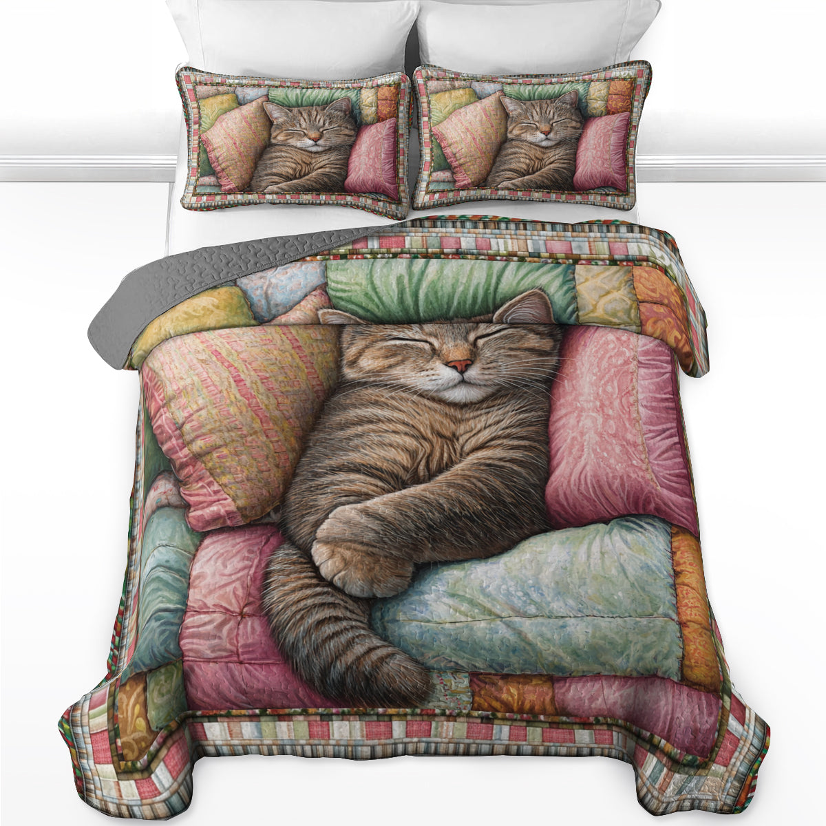 Ensemble de courtepointe toutes saisons Shineful 3 pièces Cozy Cat Dreams