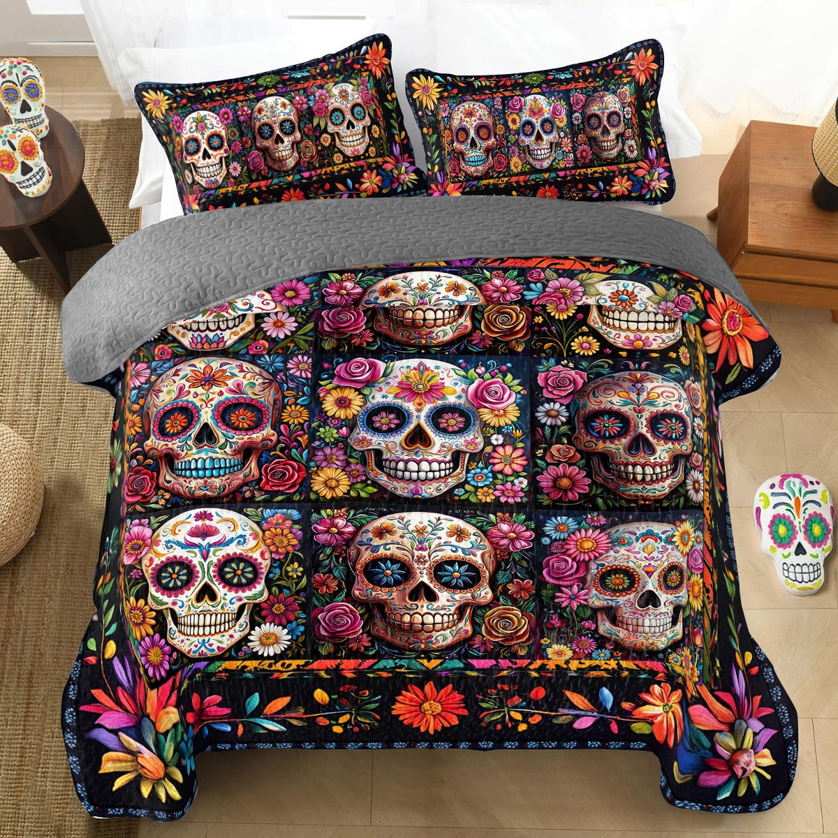 Shineful All Season Quilt 3-Piece Set Blossom Skull Elegance