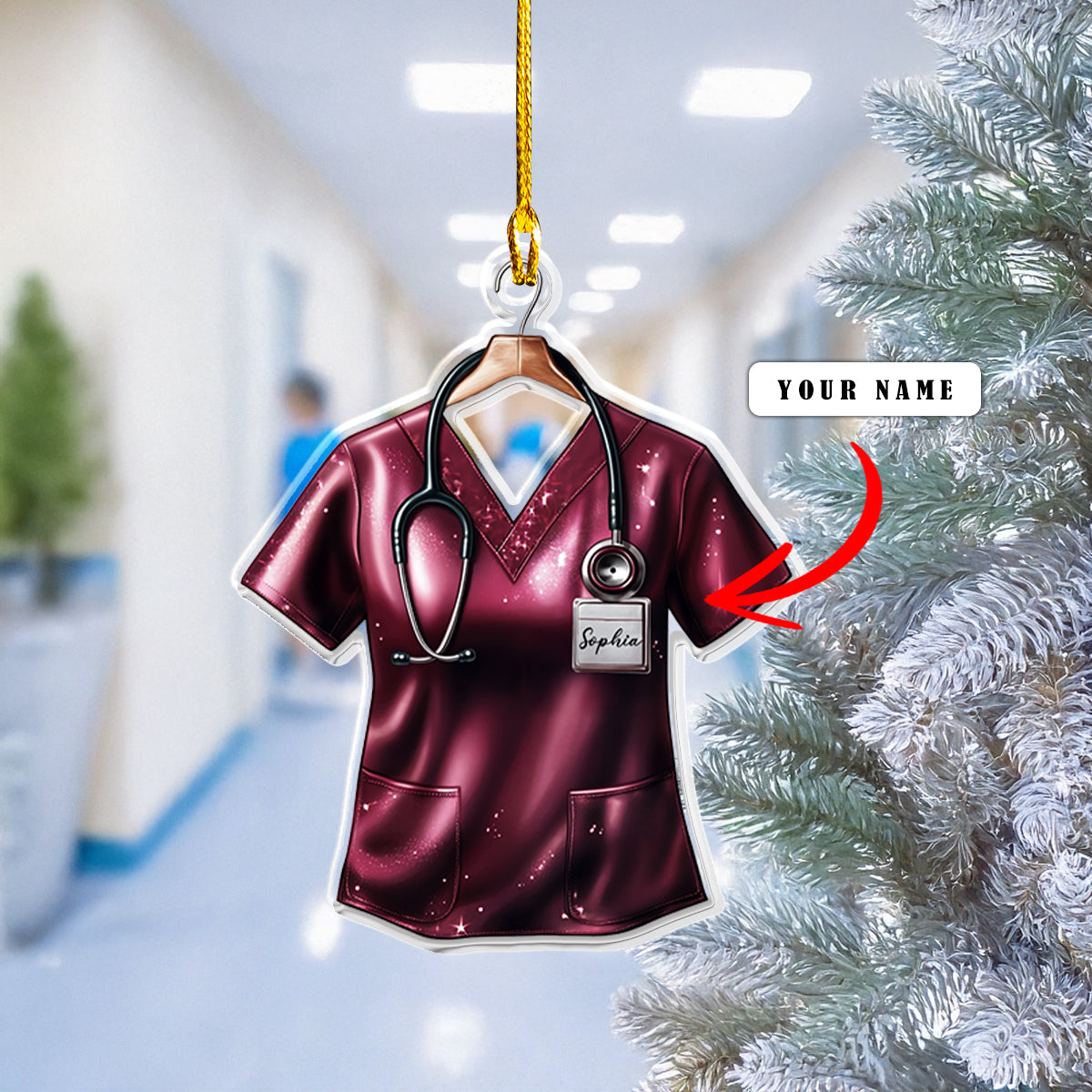 Glänzendes personalisiertes 2D-Acryl-Ornament – ​​Krankenschwester-Scrub-Weihnachten