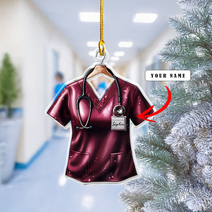 Glänzendes personalisiertes 2D-Acryl-Ornament – ​​Krankenschwester-Scrub-Weihnachten