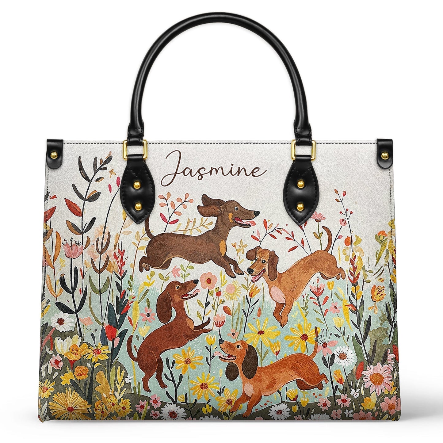 Sac en cuir brillant personnalisé motif teckel floral