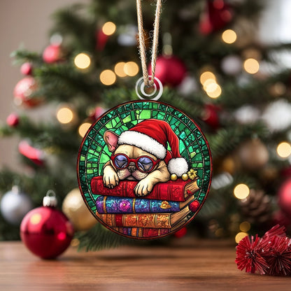 Glänzendes 2D-Ornament aus Acryl – Frenchie Holiday Bookworm