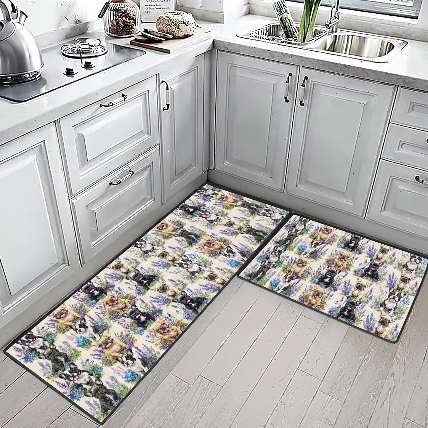 Tapis de sol antidérapant ultra fin Shineful, tapis de cuisine Frenchie Flower Friends