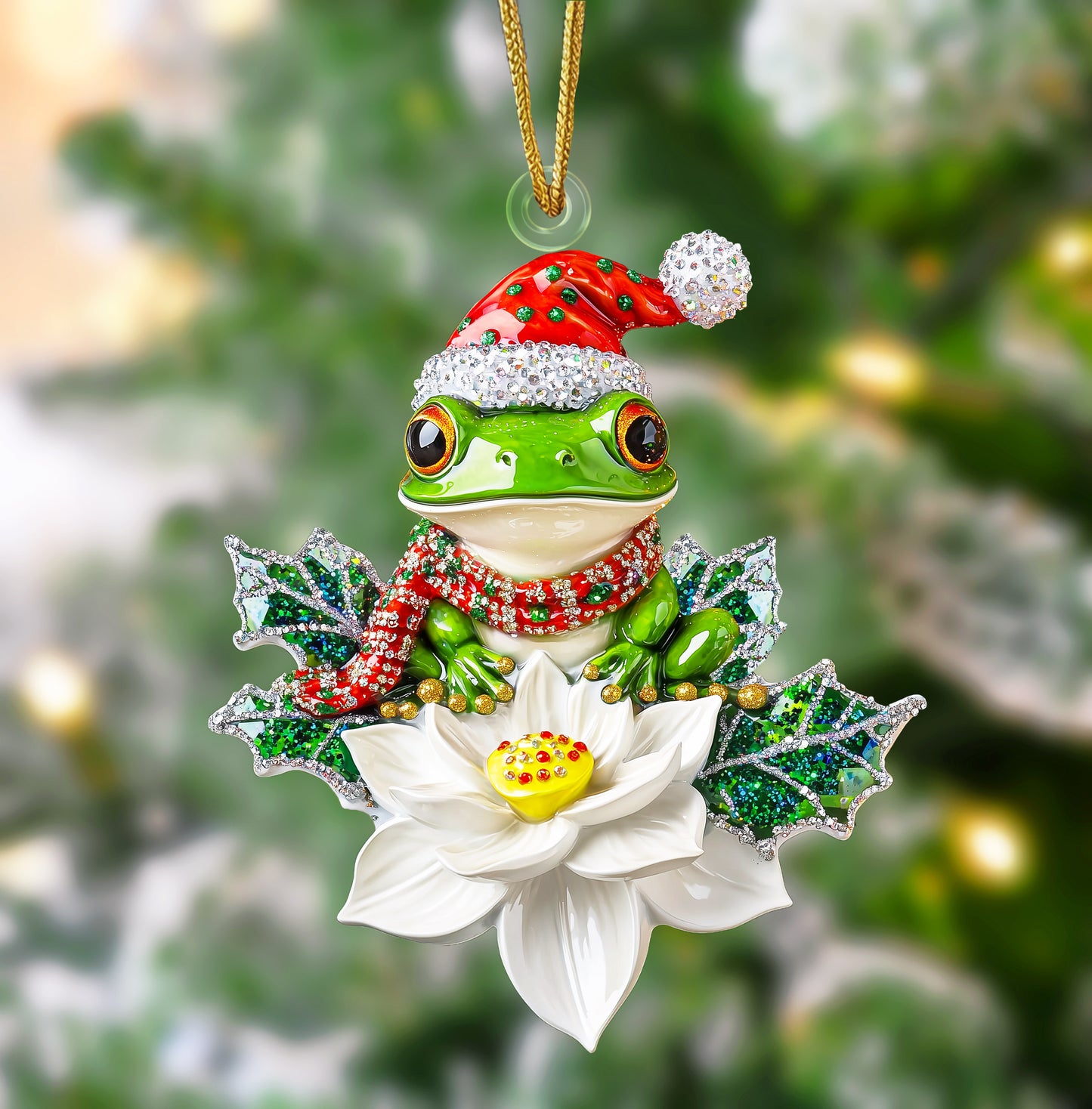 Ornement en acrylique 2D brillant Grenouille de Noël scintillante 