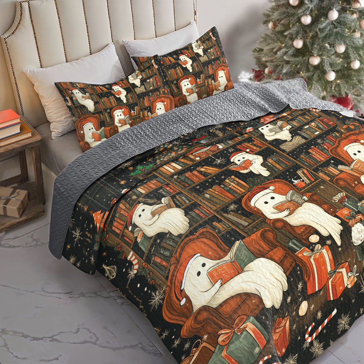 Shineful All Season Quilt 3-Piece Set Spooky Christmas Bookshelf