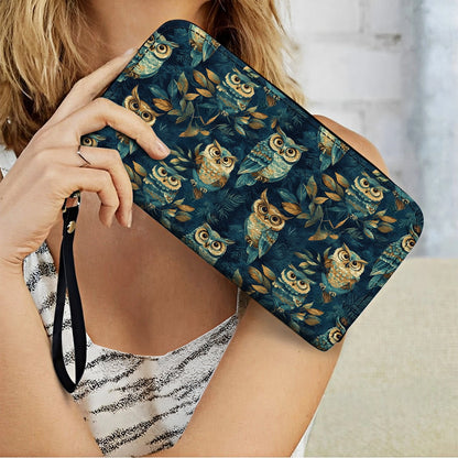 Shineful Leather Clutch Purse With Wristlet Strap Handle Nightfall Owl Symphony