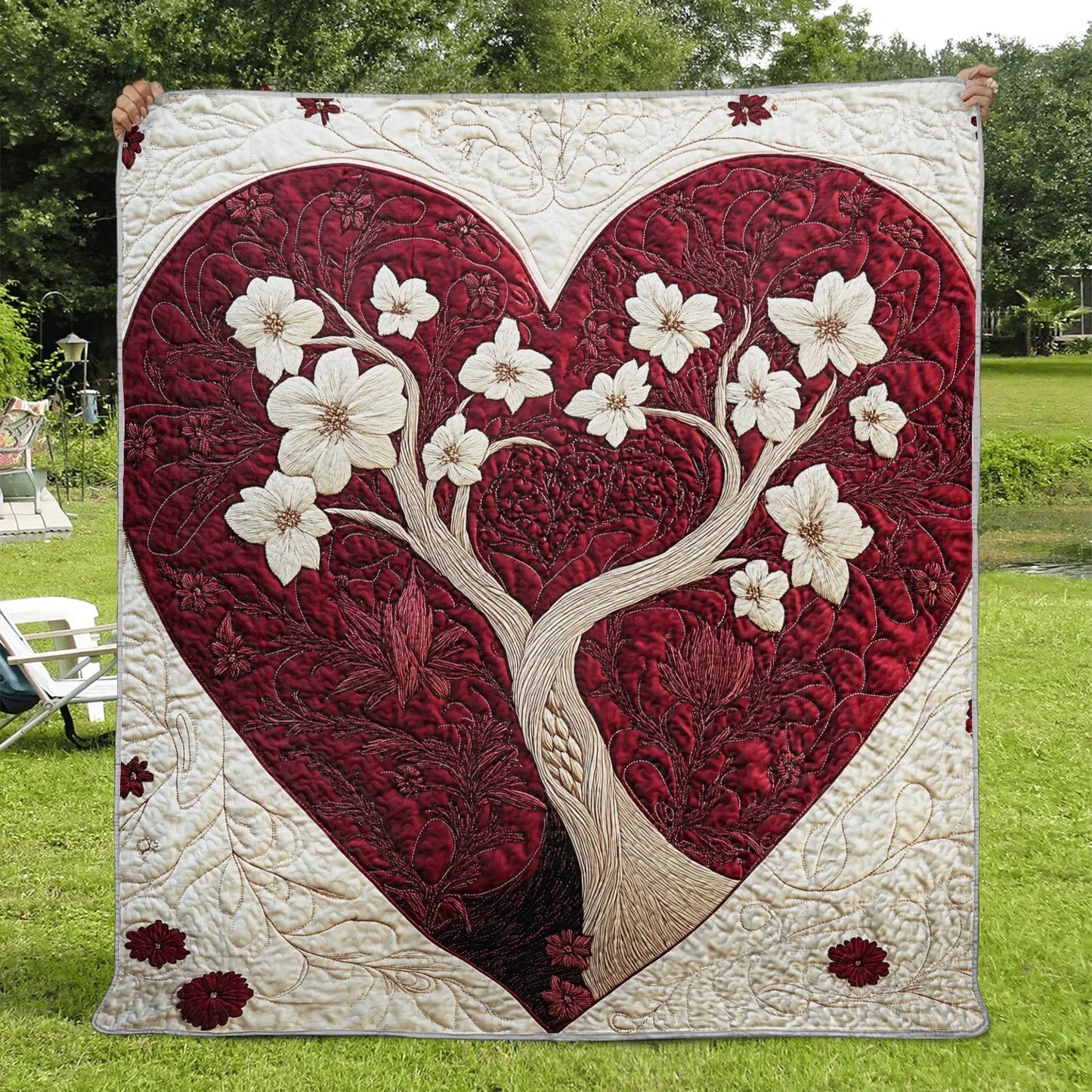 Shineful Flat Print Faux Quilt Blanket - Enchanted Heart Quilt with Floral Tree and Embroidered Accents