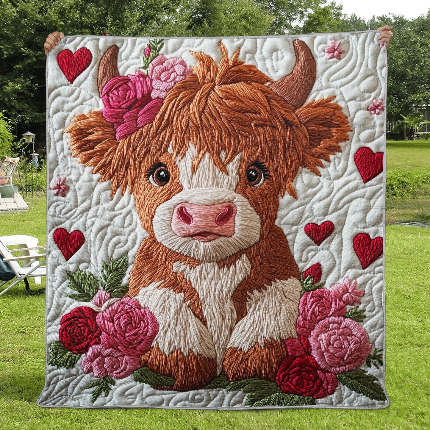 Shineful Flat Print Faux Quilt Blanket -  Adorable Highland Cow with Floral Charm and Love Hearts