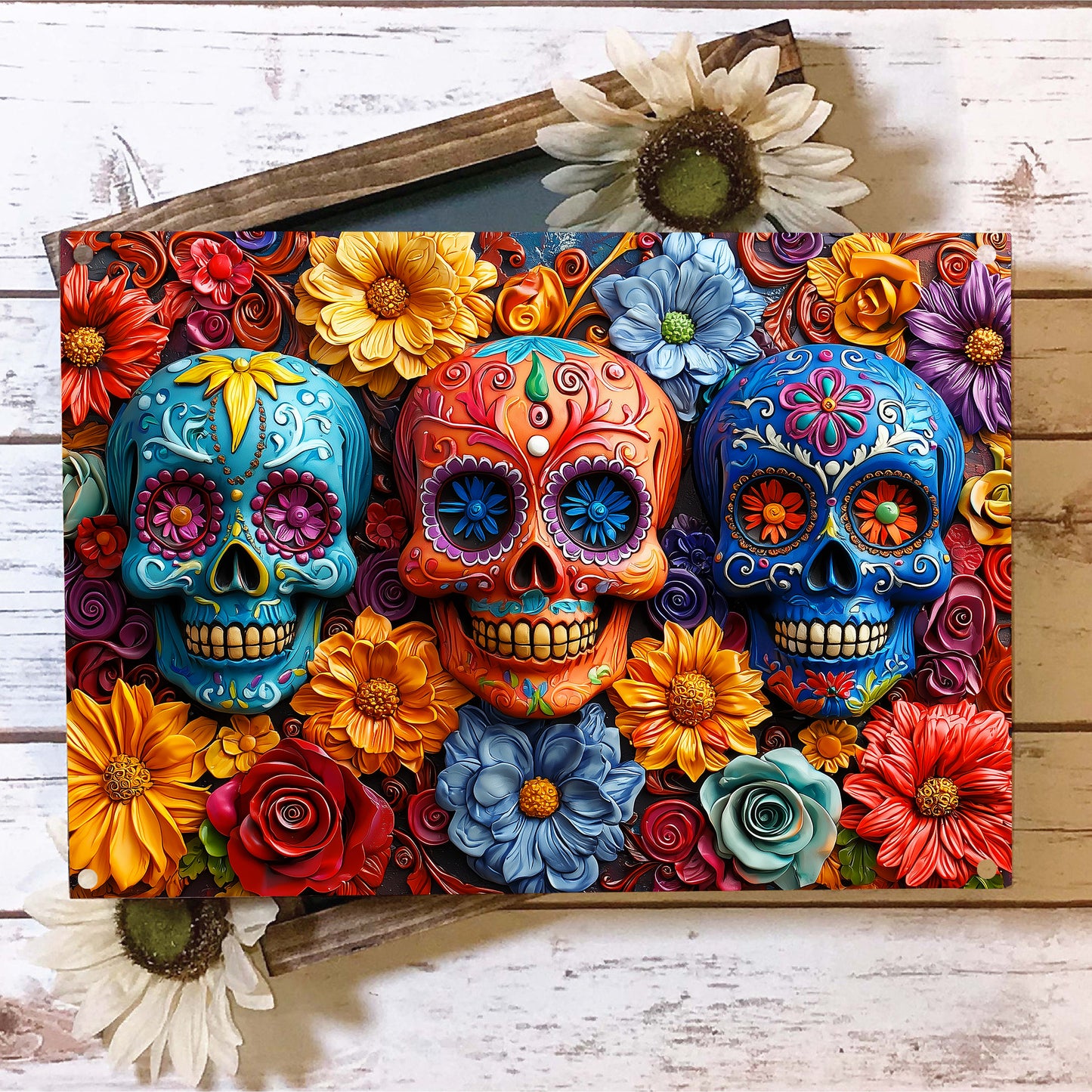 Glänzendes 2D Metallschild Floral Sugar Skull