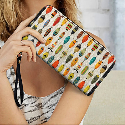 Glänzende Leder Clutch mit Trageriemen, Angel-Motiv, großer Fang