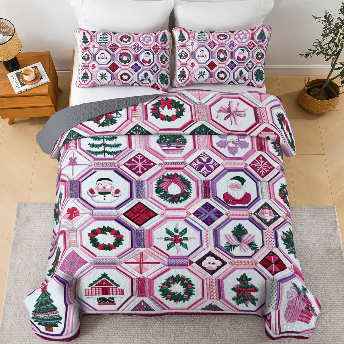 Shineful All Season Quilt 3-Piece Set - Whimsical Christmas in Pink & Purple