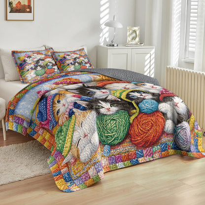 Shineful All Season Quilt 3-Piece Set Cozy Knitted Kittens