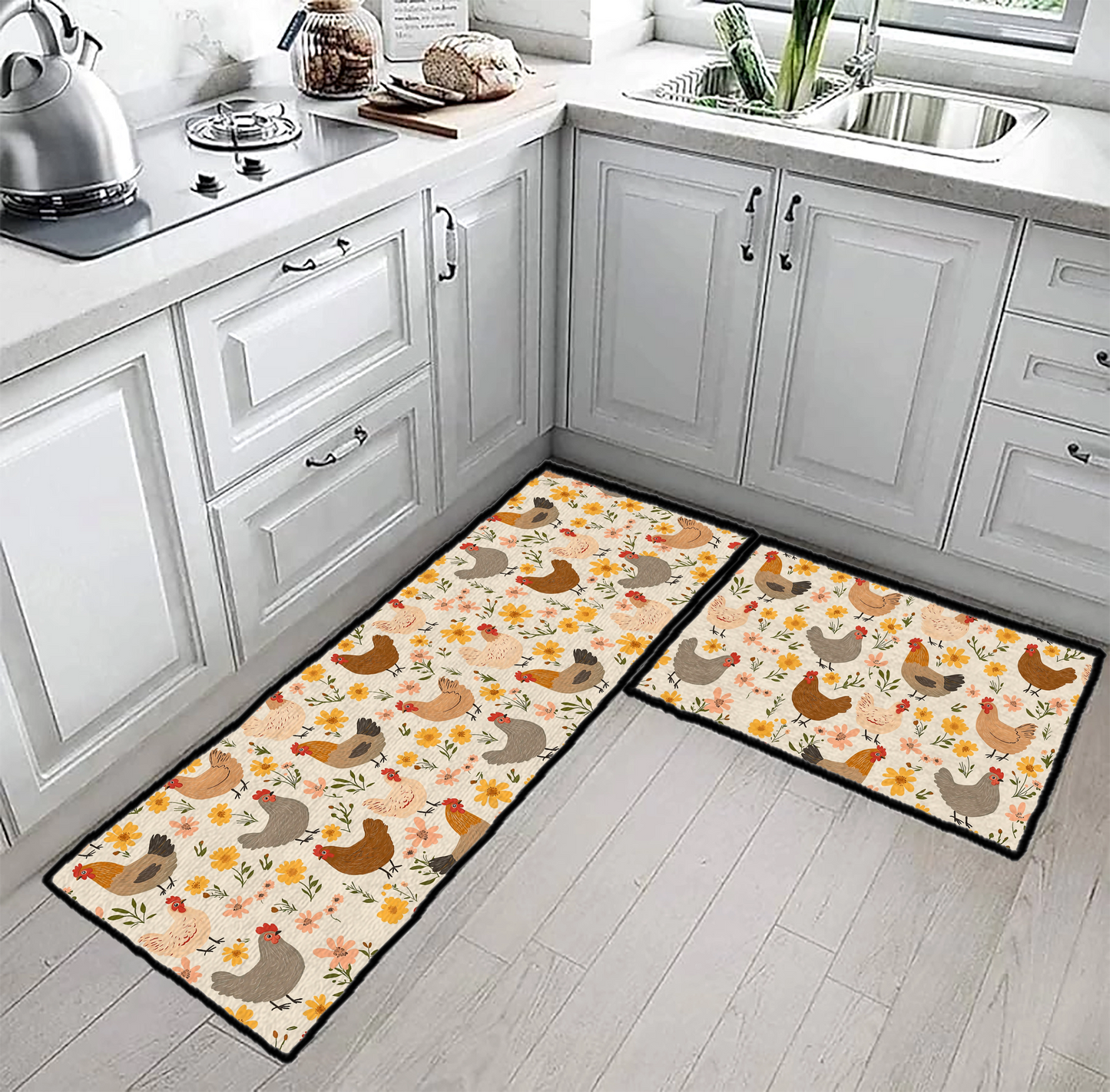 Shineful Ultra-Thin Non Skid Floor Mat, Kitchen Rugs Chicken Floral Cluckin' Cozy