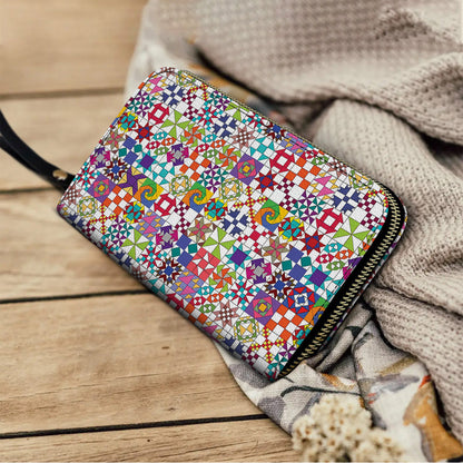 Shineful Leather Clutch Purse With Wristlet Strap Handle Colorful Quilting Blocks