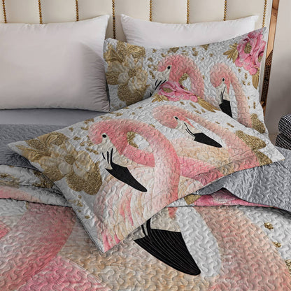 Shineful All Season Quilt 3-Piece Set - Golden Elegance Flamingo