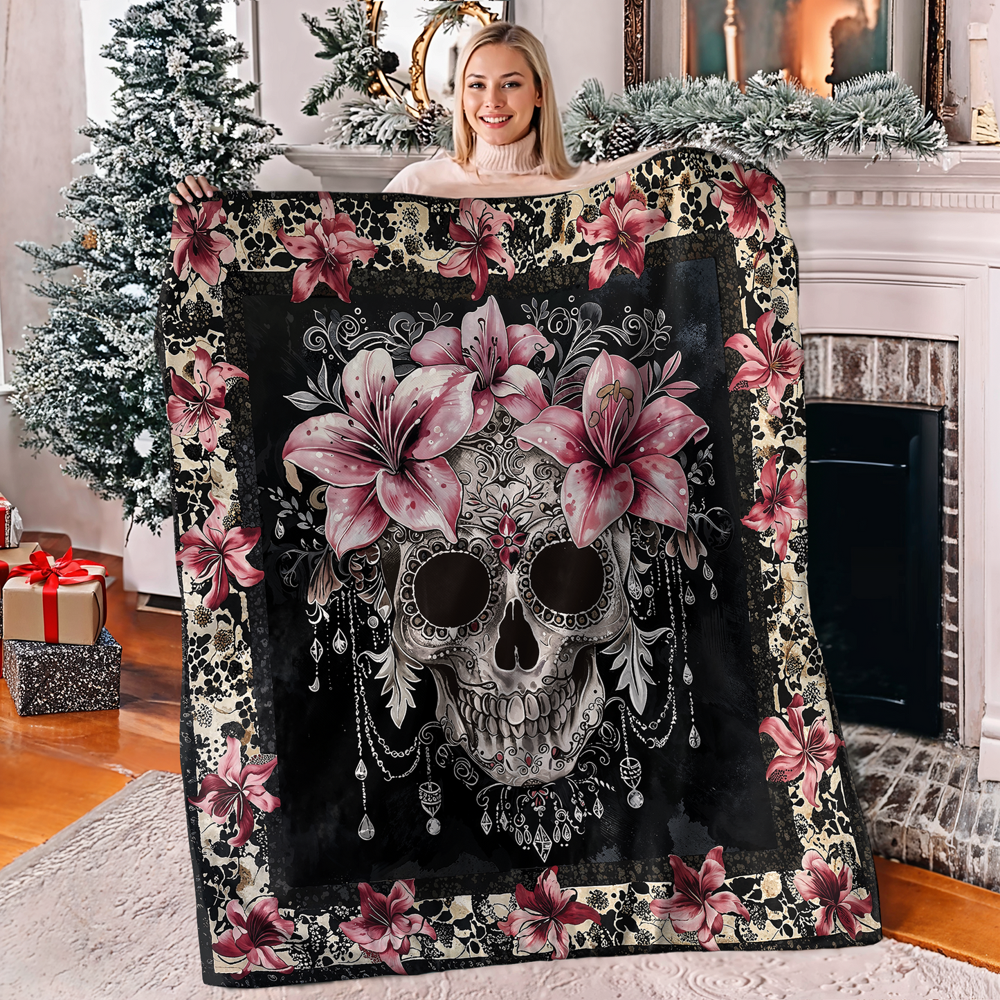 Shineful Fleece Blanket Faith Love Skull With Lilies