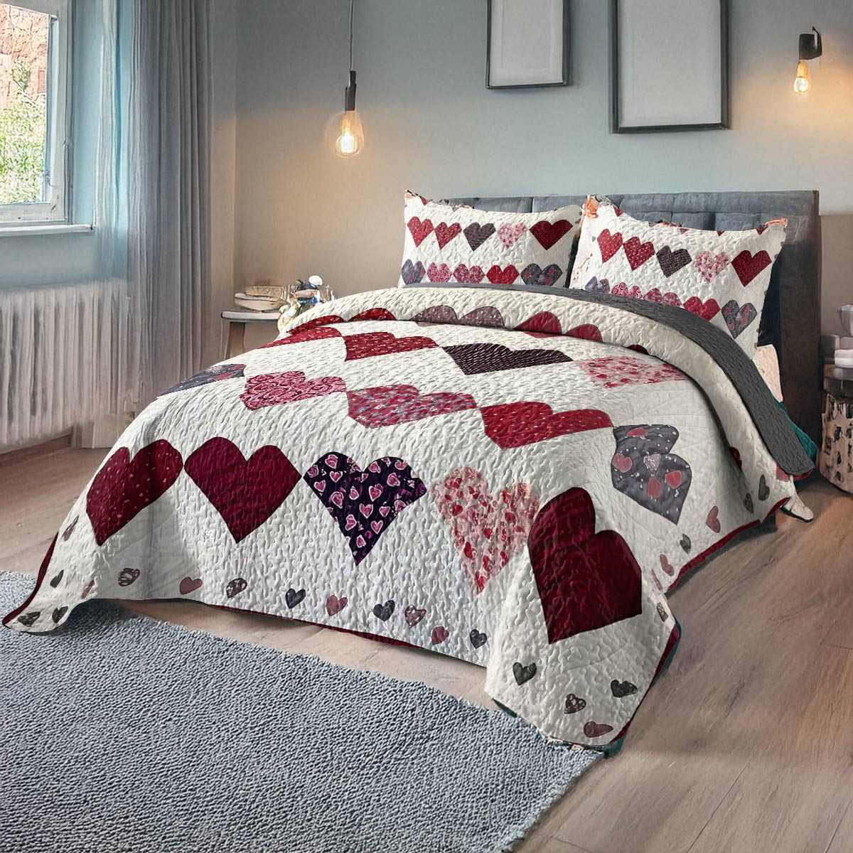 Shineful All Season Quilt 3-Piece Set - Romantic Heart