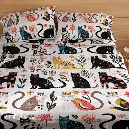 Shineful 4-Piece Bed Sheet Set Botanical Cat Bliss