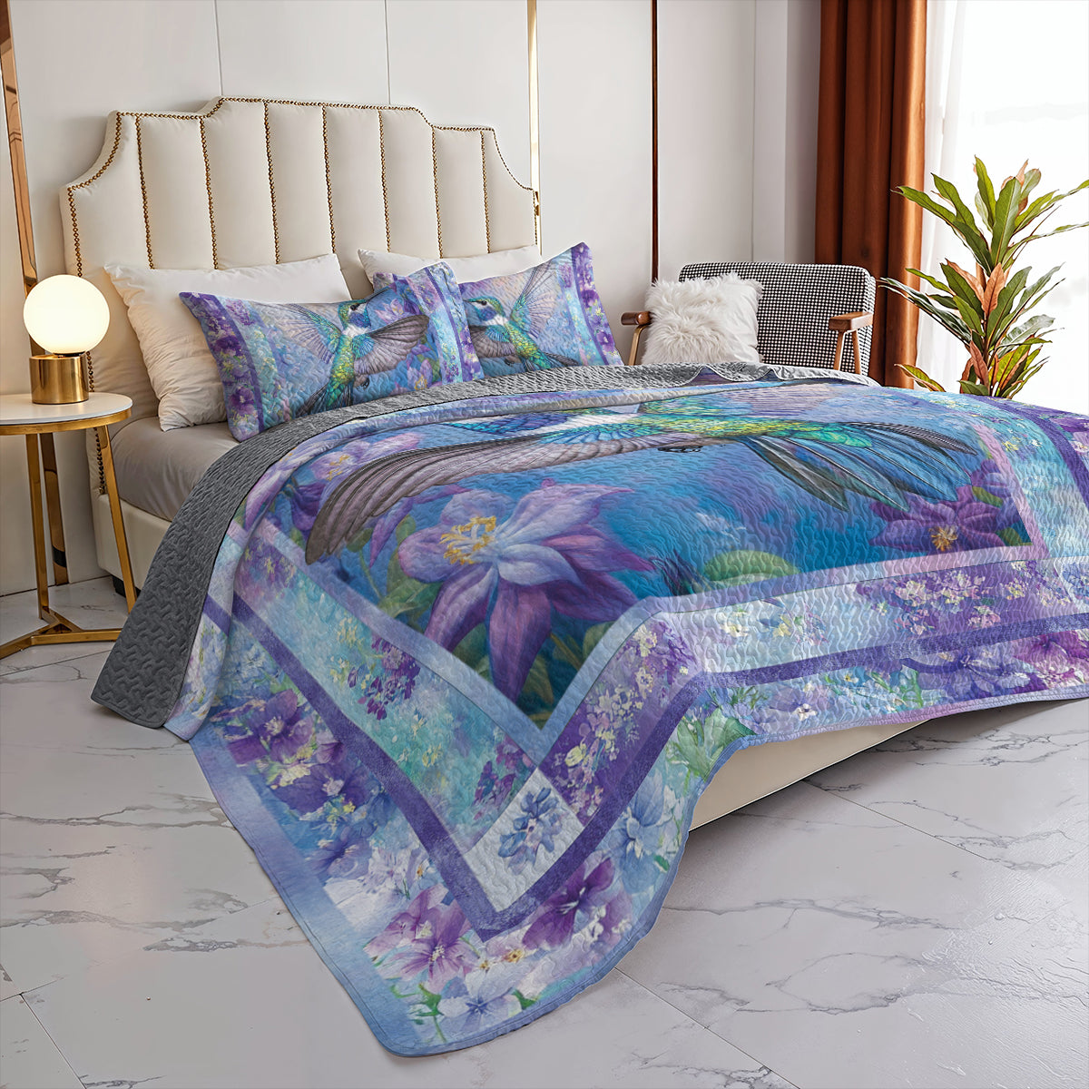 Shineful All Season Quilt 3-Piece Set Hummingbird & Purple Lilac