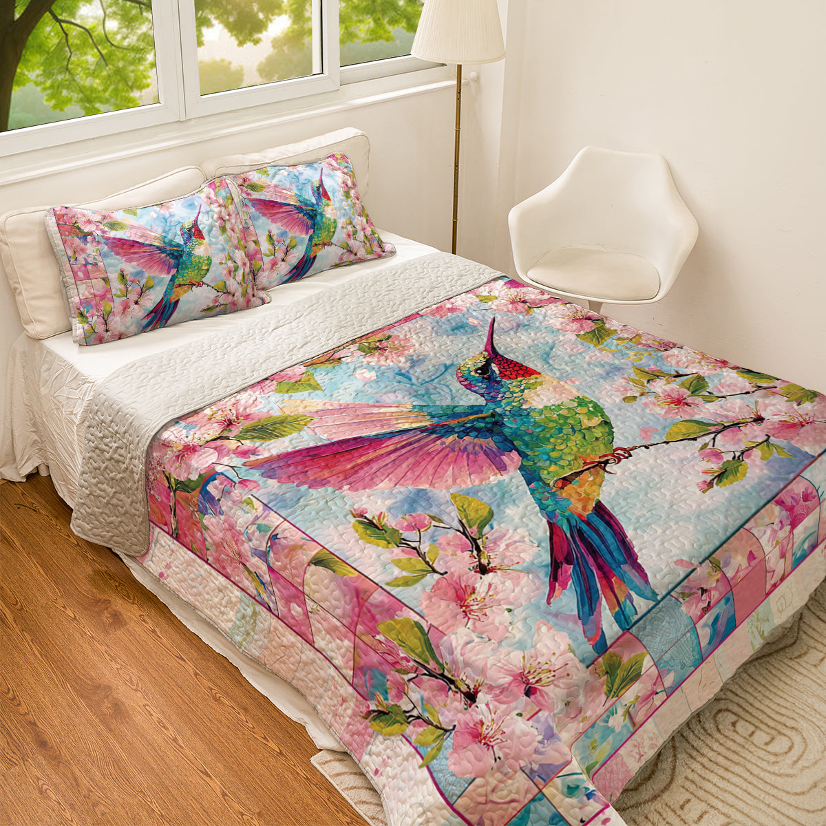 Shineful All Season Quilt 3-Piece Set Floral Colorful Hummingbird