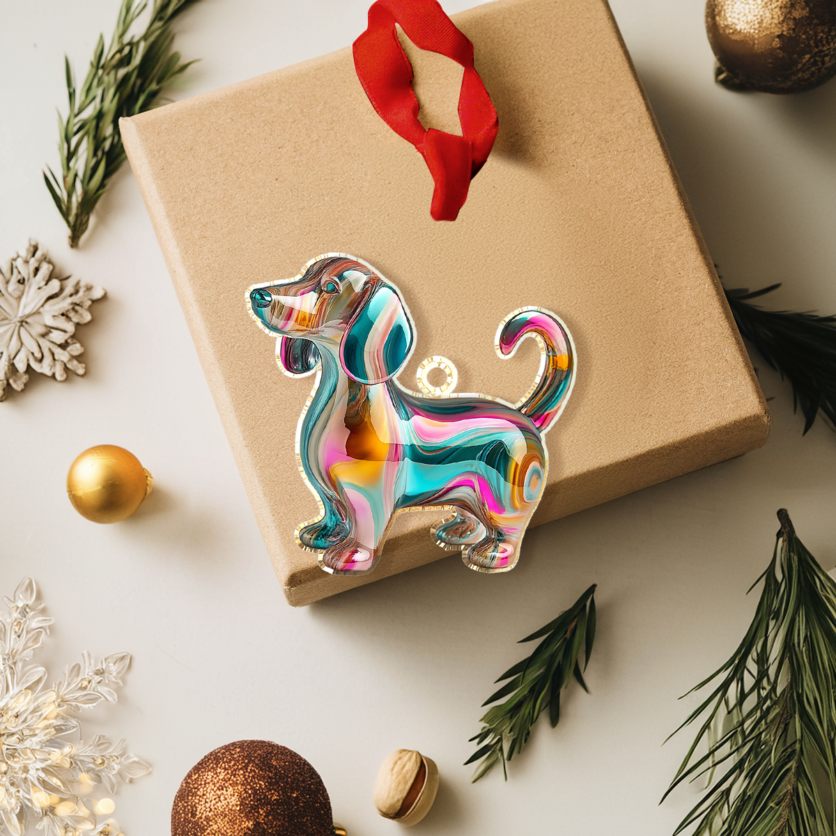 Shineful 2D Acrylic Ornament Festive Fluid Dachshund Delight