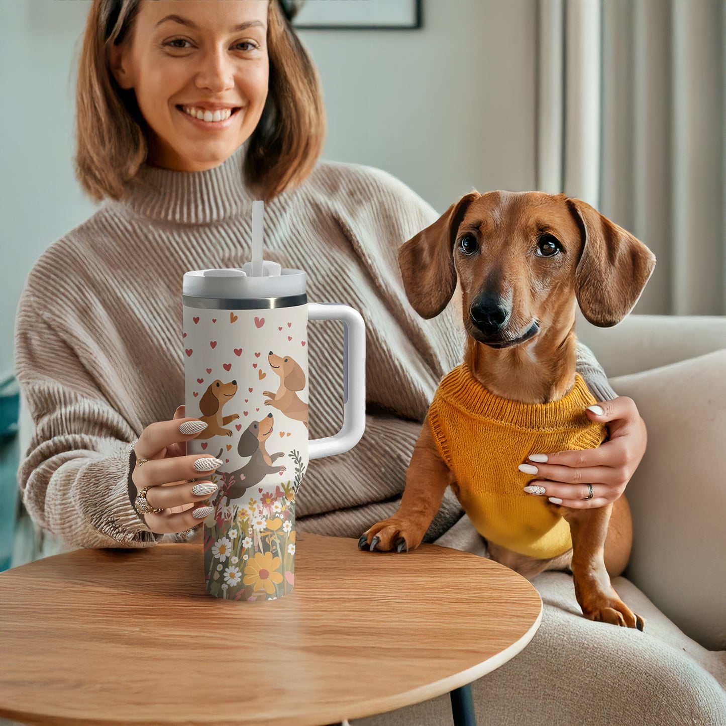 Shineful Tumbler Floral Dachshund With Heart