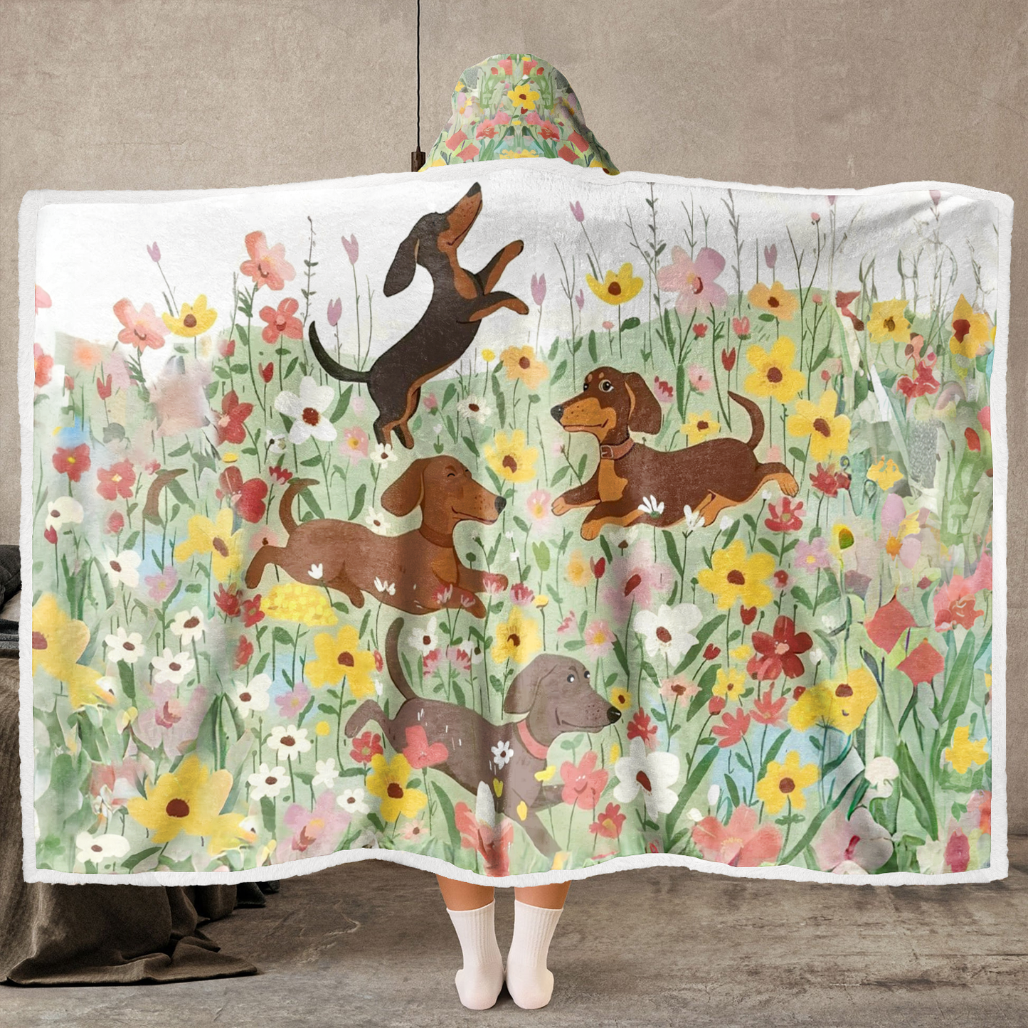 Shineful Wearable Hooded Blanket - SDachshund in Flower Garden