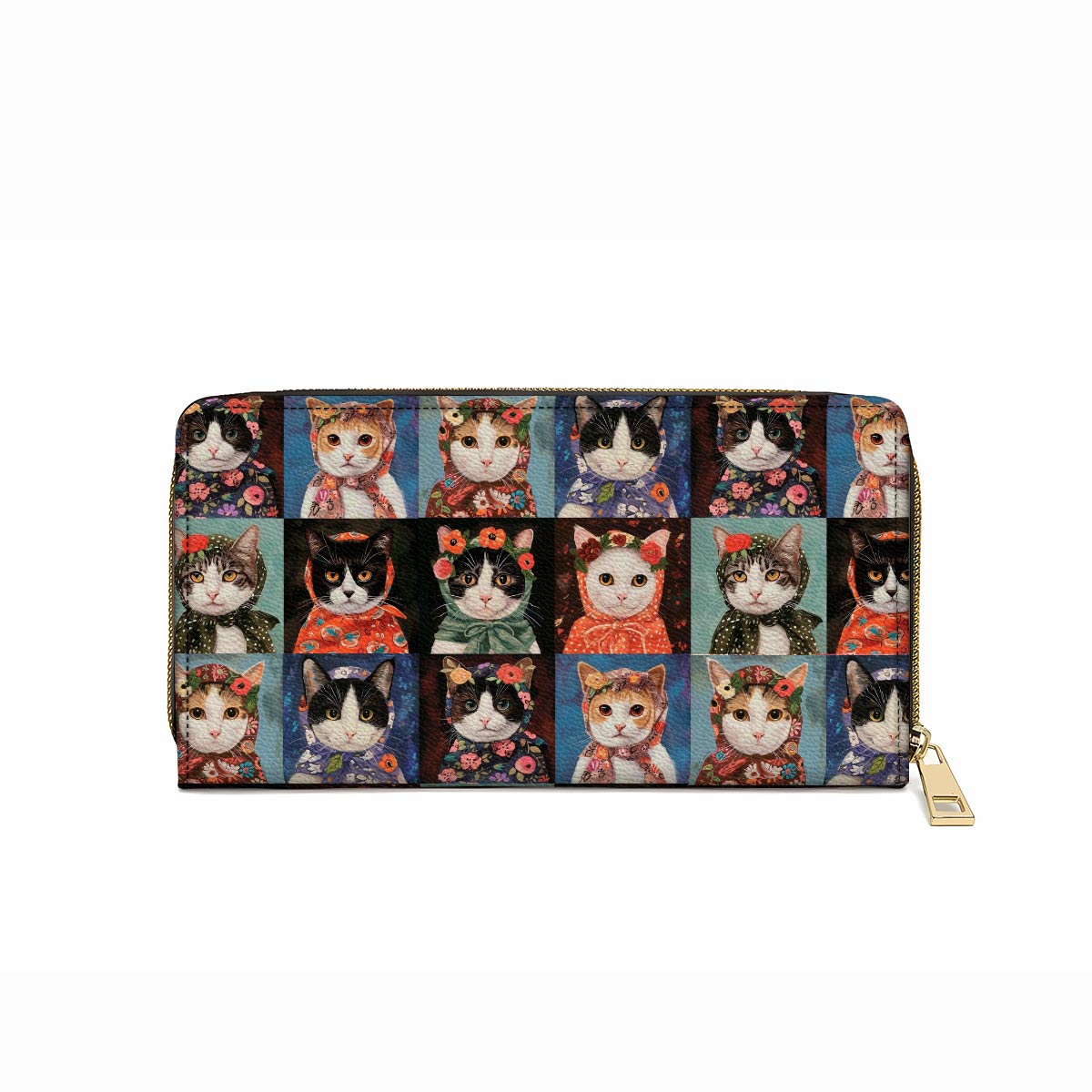 Pochette en cuir brillant avec dragonne et poignée Motif chats vintage