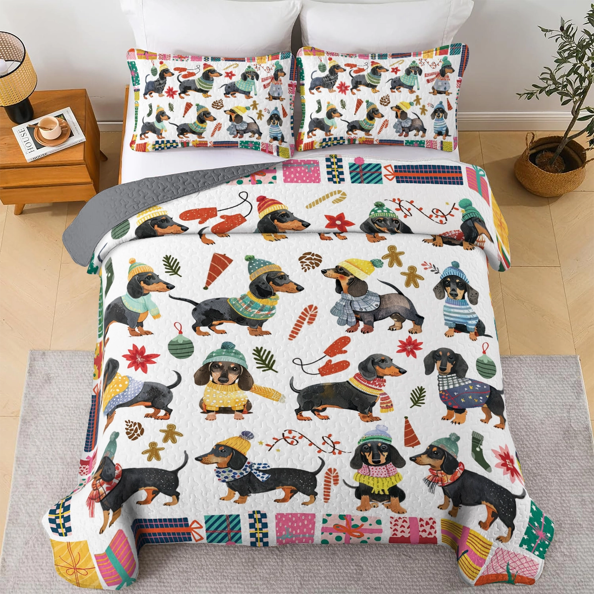 Shineful All Season Quilt 3-Piece Set Cozy Christmas Dachshund