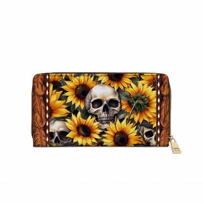 Shineful Leather Clutch Purse With Wristlet Strap Handle Sunflower Skull