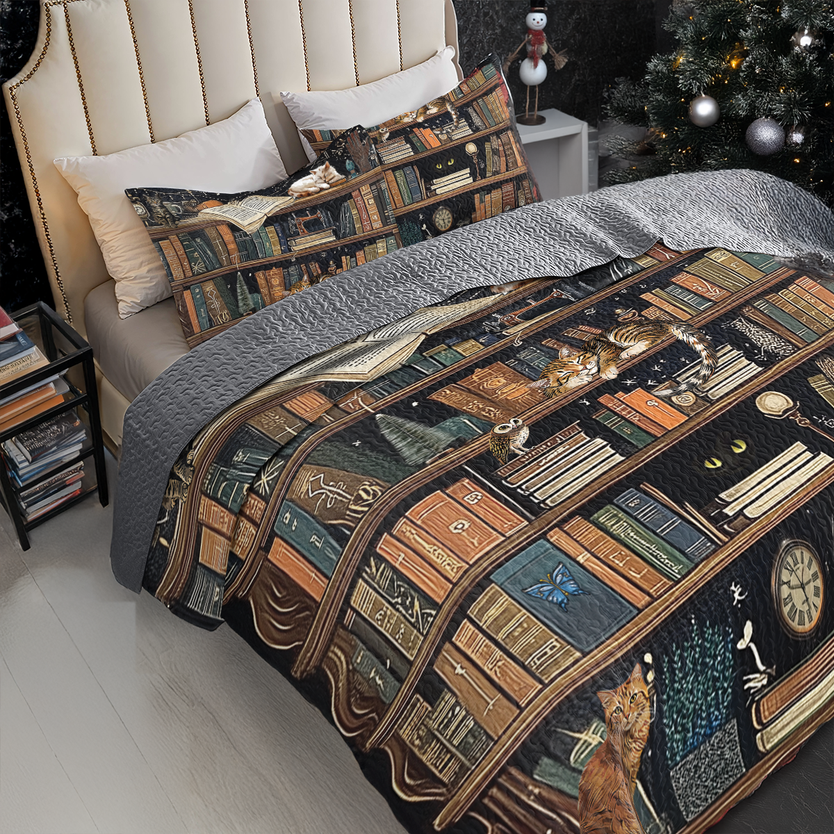 Shineful All Season Quilt 3-Piece Set Purrfect Book Lover Bookshelf